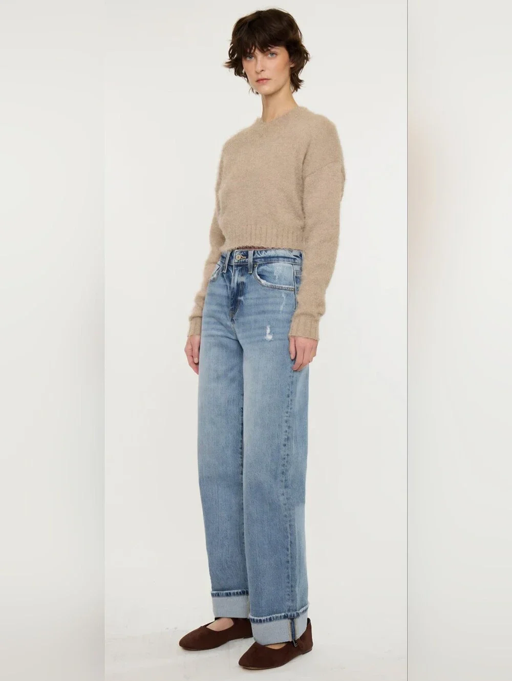 KanCan High Rise Medium Wash Wide Leg Jeans Cuffed Denim Stretch Trendy 1/24 NEW